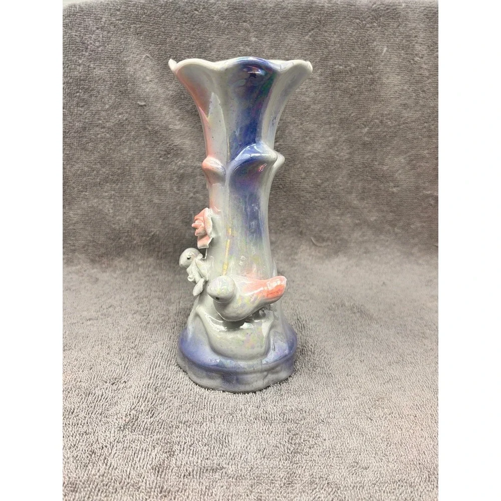 Vintage Iridescent Lusterware Bird Bud Vase Pink Blue Roses Japan 7.5